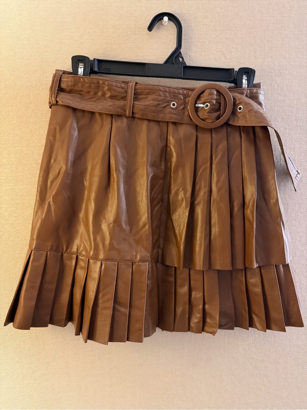 Women’s Brown Pleated Faux Leather Mini Skirt with Belt